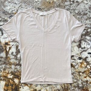 Women's Beige V-Neck Ribbed Top